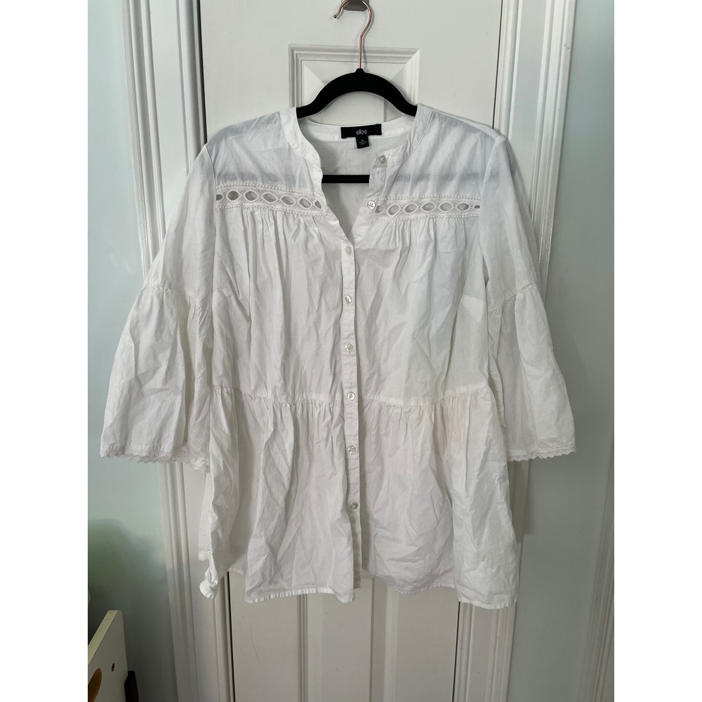 Ellos Womens White Cotton Eyelet Lace Tiered Babydoll Tunic Blouse Size 12